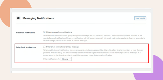 Screenshot of a Messaging Notifications settings page The Delay Email Notifications option is checked allowing users to delay email notifications for new messages with a dropdown set to 15 mins