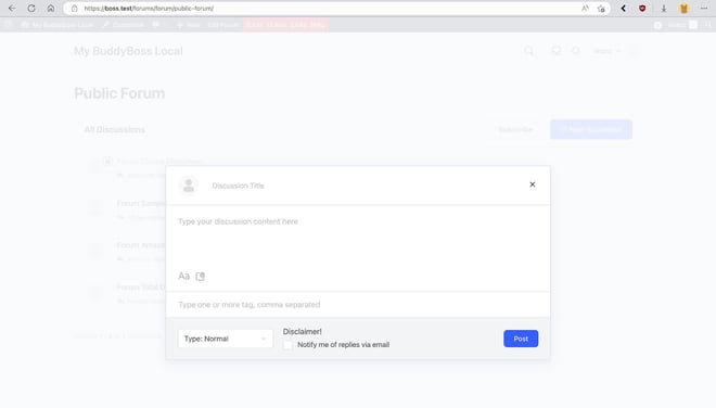 A web page shows a Public Forum with a pop up form to start a new discussion Fields include discussion title content tags and a Post button Options for text style and email reply notification are visible