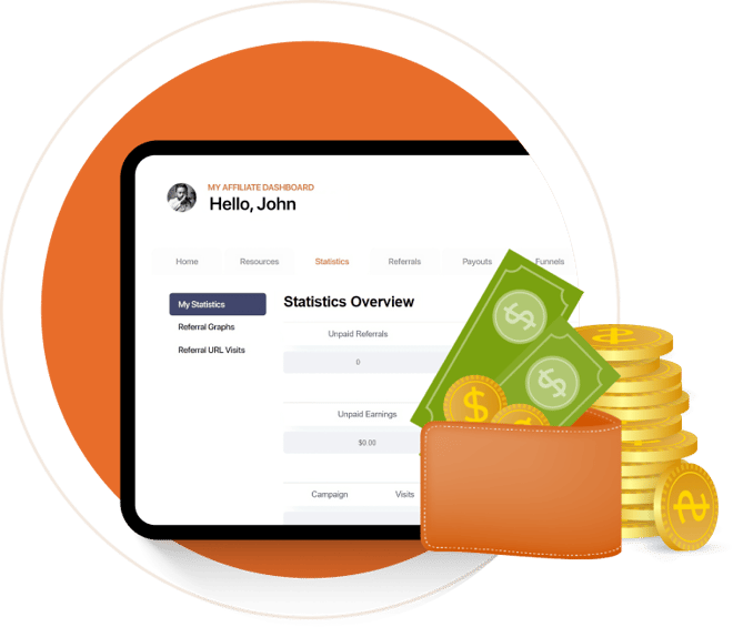 A dashboard screen displaying affiliate statistics is shown on a tablet with an illustration of cash stacked gold coins and a wallet in the foreground