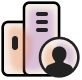 Icon showing two pastel colored buildings in the background with a generic person silhouette in a circle in the foreground representing a user or employee associated with an organization or company