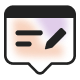Icon of a speech bubble with two horizontal lines and a pencil indicating writing editing or making a comment The background includes soft abstract orange and purple shapes