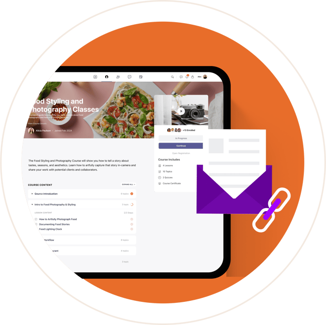 A tablet displays a food styling and photography online class interface In front there is an illustration of a white email and a purple envelope with a paperclip set against an orange circular background