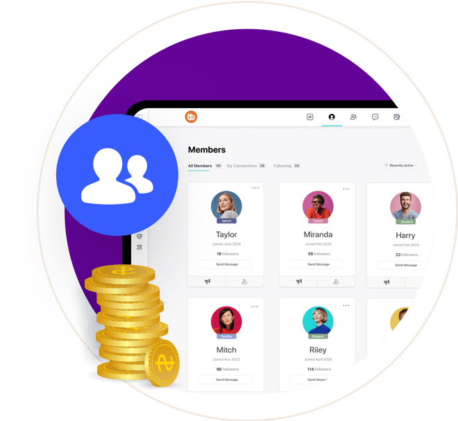 A digital illustration shows a tablet screen displaying a members list with profile photos and names In the foreground are gold coins with a currency symbol and a blue icon of two people