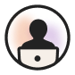 A simple icon of a person sitting behind a laptop inside a circle with a gradient background in soft orange and purple tones