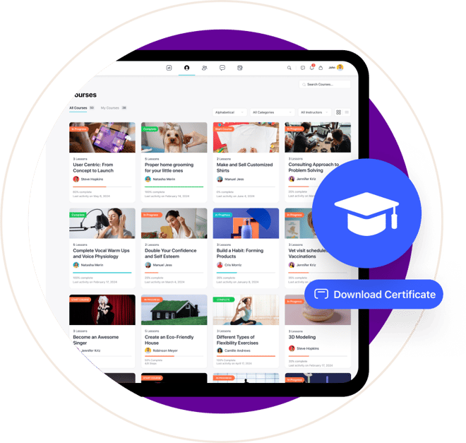 A tablet displays an online learning platform with various course thumbnails A blue graduation cap icon and a Download Certificate button are overlaid on the right side of the image