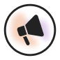 Black megaphone icon inside a black circle with a soft orange and purple gradient in the background