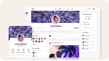 Profile page on a social media platform displayed on both a desktop and mobile device featuring a user profile with a circular photo cover image user stats posts followers and a sidebar with activity and profile completion status
