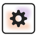 A black gear icon centered on a white square background with rounded corners and faint purple and orange gradients behind the gear