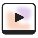 A black play button icon centered on a white background with soft orange and purple abstract shapes behind it all within a rounded square border