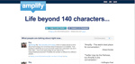 Screenshot of the Amplify website homepage showing the logo tagline Life beyond 140 characters social sign in options and a feed of conversation snippets from users about the platform