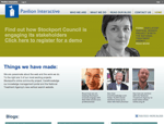 Screenshot of Pavilion Interactives website homepage featuring a banner about Stockport Councils stakeholder engagement a womans portrait and sections with photos and brief bios of project team members under Things we have made