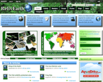 A website homepage for RelivEarth featuring nature and wildlife images navigation menus user login panel news articles and a green and blue color scheme with earth imagery in the header