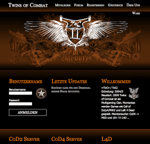 A dark gothic themed gaming website for Twins of Combat with a winged crest logo login form welcome text navigation menu game server links and a Call of Duty Modern Warfare graphic in the background