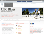 Screenshot of the UBC Blogs homepage showing a top navigation bar site menu UBC Blogs logo a description and a login panel on the right An image of people dancing outdoors is displayed near the top right