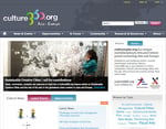 Screenshot of the culture360org website homepage displaying a navigation menu a featured article with an image of a person in front of an art wall and sections for news events latest events and opportunities