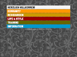 A German website menu with the title HERZLICH WILLKOMMEN and five colored tabs Community orange Ressourcen red Life  Style green Training yellow and Information blue on a floral gray background