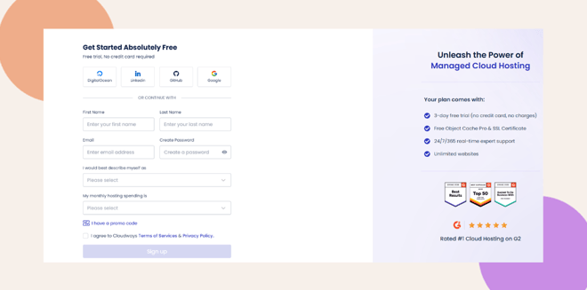 A website sign up page for cloud hosting showing form fields for name email password monthly website visits and sign up options The right side lists plan benefits and displays service badges and a Sign up button