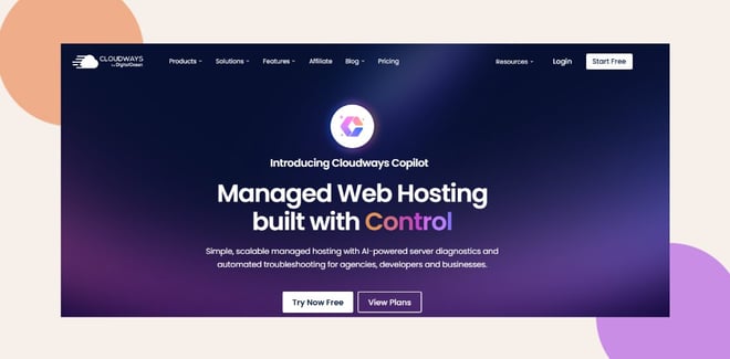Screenshot of the Cloudways website homepage highlighting Managed Web Hosting built with Control and buttons to try or view plans includes a navigation menu and a loginstart free button