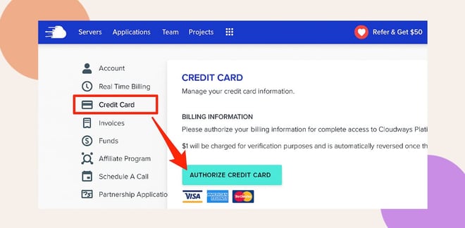 A website interface shows the Credit Card menu selected An arrow points to an AUTHORIZE CREDIT CARD button below billing information with Visa MasterCard and American Express logos visible underneath