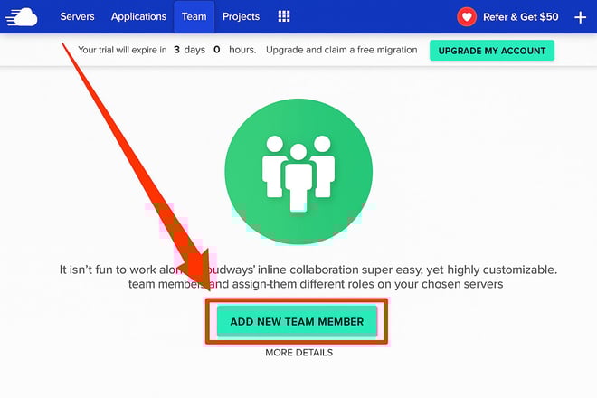 A webpage with a green icon of three people and a highlighted ADD NEW TEAM MEMBER button An arrow points to the button indicating it as the main call to action for adding a team member