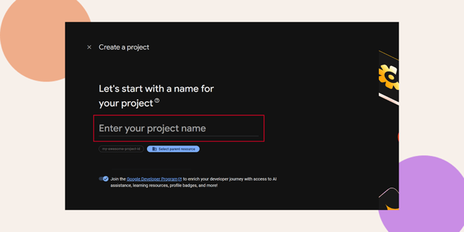A dark themed screen prompts the user to Enter your project name in a highlighted box with Create a project at the top and colorful abstract shapes in the background