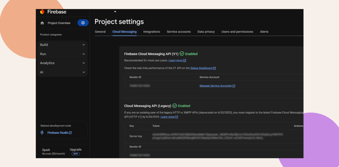 Screenshot of the Firebase Project settings page showing the Cloud Messaging tab with enabled APIs and details for Firebase Cloud Messaging API V1 and the older Cloud Messaging API Legacy on a dark background