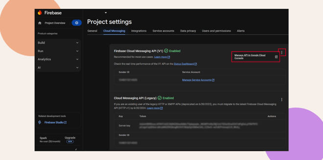 Screenshot of the Firebase Project settings page showing the Cloud Messaging tab with two API versions listed The Manage API in Google Cloud Console link is highlighted with a red box