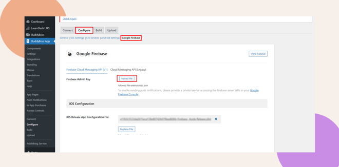 A dashboard interface shows the Configure tab with Google Firebase selected The page displays a Firebase Admin Key section and an Update it link highlighted in a red box