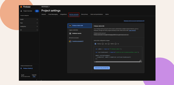 Screenshot of the Firebase consoles Project settings page showing the Service accounts tab A code snippet and options for Firebase Admin SDK and private key generation are visible The interface has a dark theme