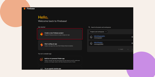 A screenshot of the Firebase welcome dashboard with the Create a new Firebase project option highlighted in red The interface has a dark background Decorated geometric shapes are in the image background