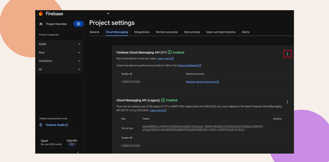 Screenshot of the Firebase Project settings page showing Cloud Messaging APIs The Firebase Cloud Messaging API V1 is enabled the older API Legacy is below An options menu three dots is highlighted