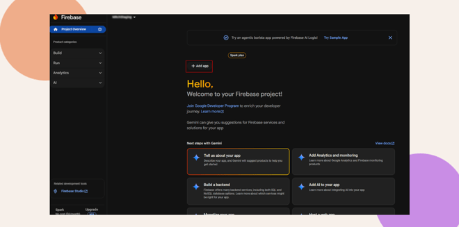 Screenshot of the Firebase console welcome page in dark mode showing project overview and navigation menu on the left and options to add an app analytics and backend services in the main section