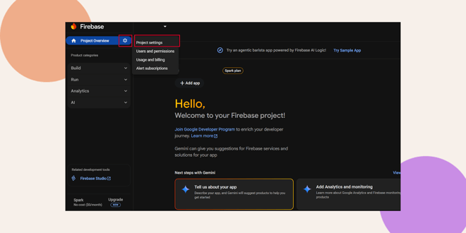 A screenshot of the Firebase consoles homepage in dark mode with the Project settings option highlighted under the Project Overview dropdown menu on the left sidebar