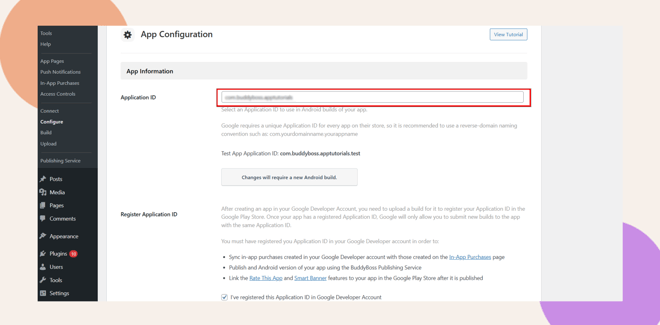 A screenshot of an app configuration page showing a partially redacted Application ID field with app setup instructions and options for registering the application below Various menu items appear on the left sidebar