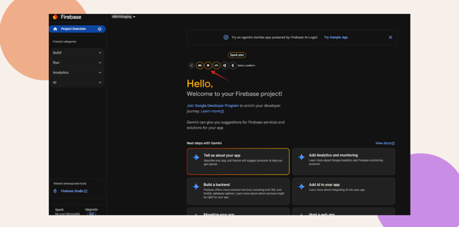 A screenshot of the Firebase dashboard with a yellow arrow pointing to the web platform icon highlighting steps to add a web app to a Firebase project The dashboard is in dark mode