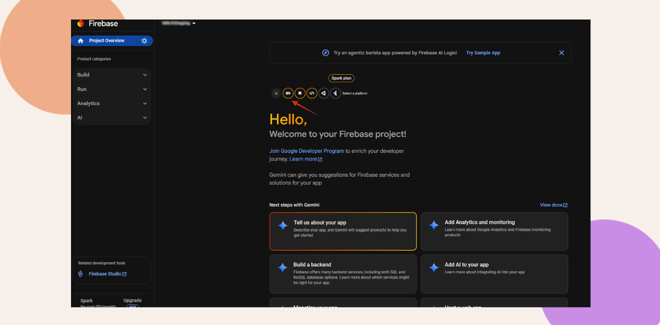 Screenshot of the Firebase console with a dark theme showing the project overview page Hello is highlighted in orange and there are options to build run and analyze on the left sidebar Various setup tips are displayed