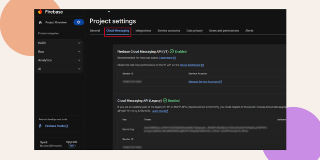 Screenshot of the Firebase Project settings page with the Cloud Messaging tab selected and highlighted Sections show details for Cloud Messaging APIs including sender ID and service account information