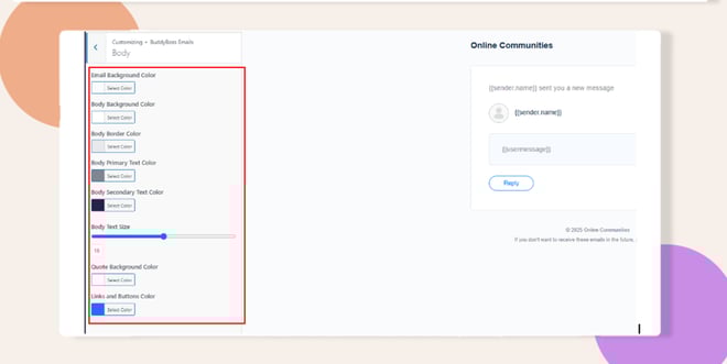 options to customize email body is highlighted