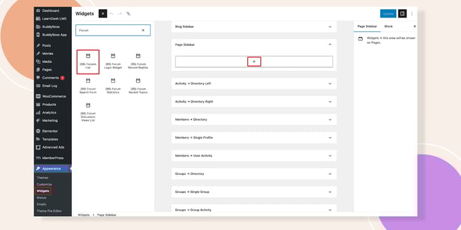 image | BuddyBoss This screenshot shows where you can locate the Forum list widget