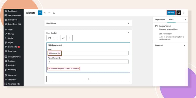 image | BuddyBoss This screenshot shows where you can configure the Forums list widget