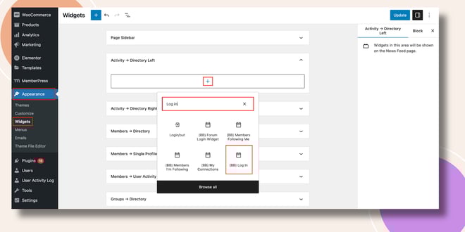 This screenshot shows where you can add the login widget