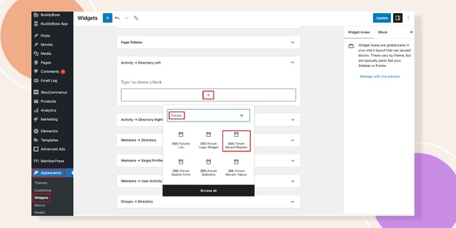This screenshot shows how you can add the forum recent replies widget