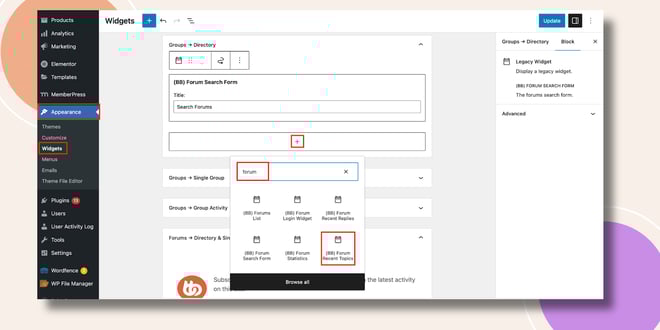 image | BuddyBoss This screenshot shows where you can add the Forums Recent Topics Widget