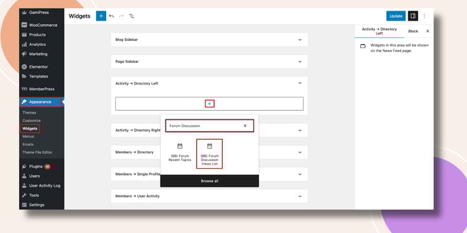 image | BuddyBoss This screenshot shows where you can add the Forum Discussion View List Widget