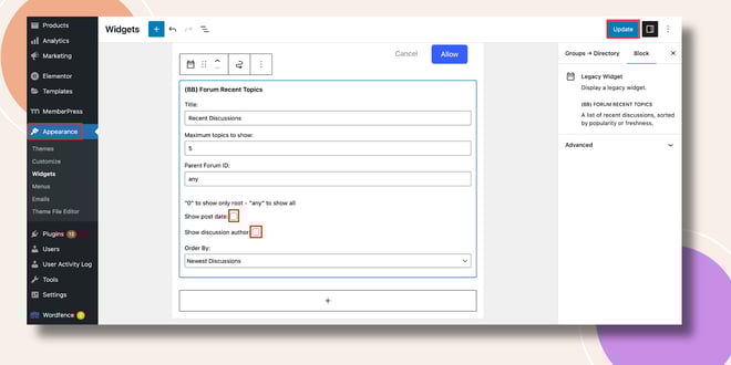 image | BuddyBoss This screenshot shows where you can configure the Forums Recent Topics Widget