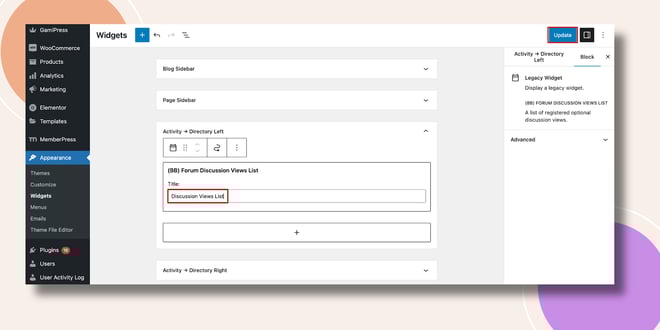 image | BuddyBoss This screenshot shows where you can configure the Forum Discussion View List Widget