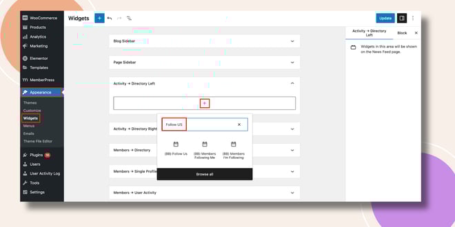 image | BuddyBoss This screenshot shows how you can add the Follow Us Widget