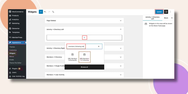 This screenshot shows how to add the Members Following Me Widget