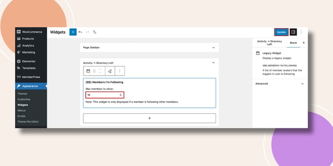 This screenshot shows how the Members Im following WIdget can be configured
