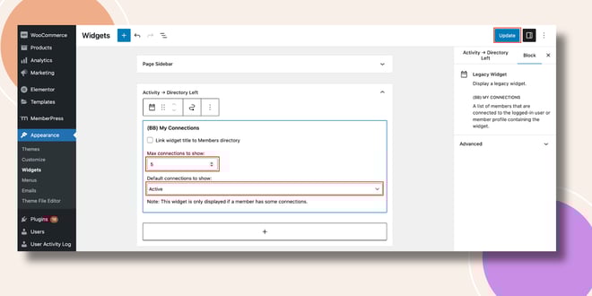 image | BuddyBoss This screenshot shows how to the My Connections Widget can be configured